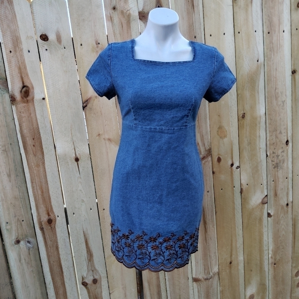 FOREWARNED vintage denim dress with floral embroidery and eyelets size sm…